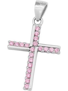 Pink Sterling Silver Half Eternity CZ Paved Christian Cross Pendant